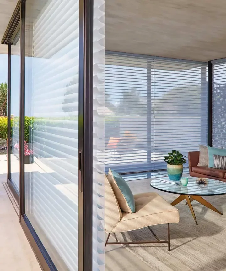Daylight filtering through sheer shades across tall windows